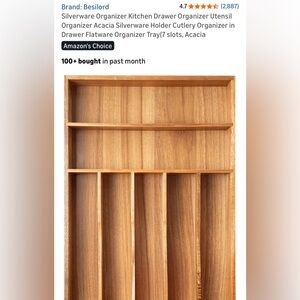 NIB Acacia Wood Flatware Drawer Organizer, Utensil Holder, 7 Cutlery Slots